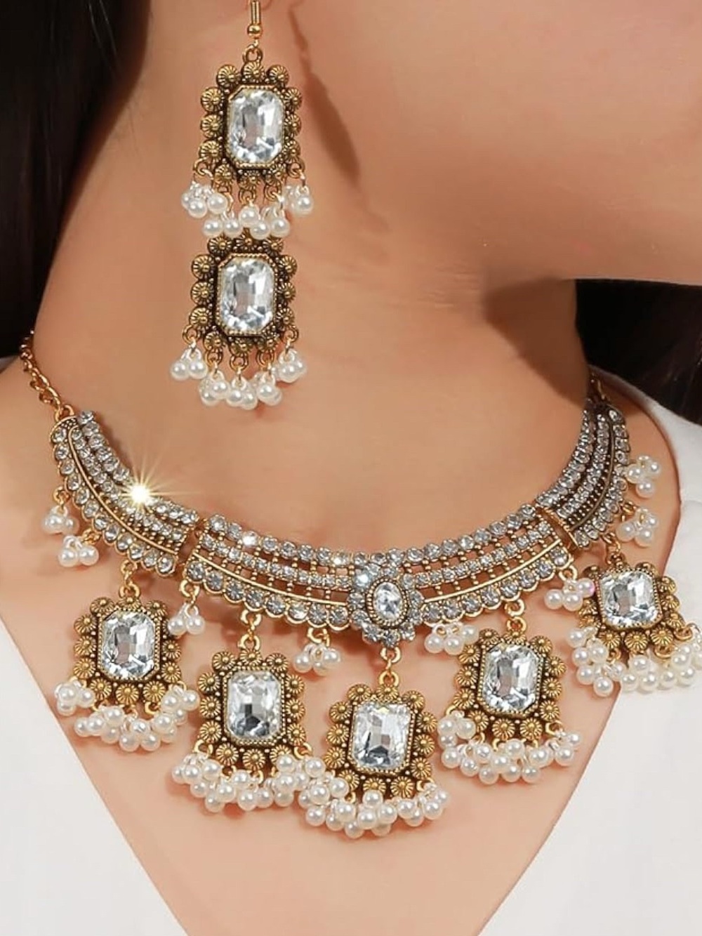 Gold Clear CZ & Pearl Statement Necklace and Earring Set